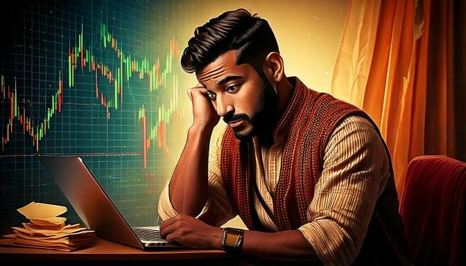 Worried man resting his head on his hand at a laptop with a red and green stock candlestick chart behind him