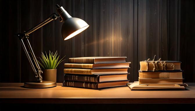 Desk lamp illuminating a stack of hardcover books and a small potted plant on a wooden desk
