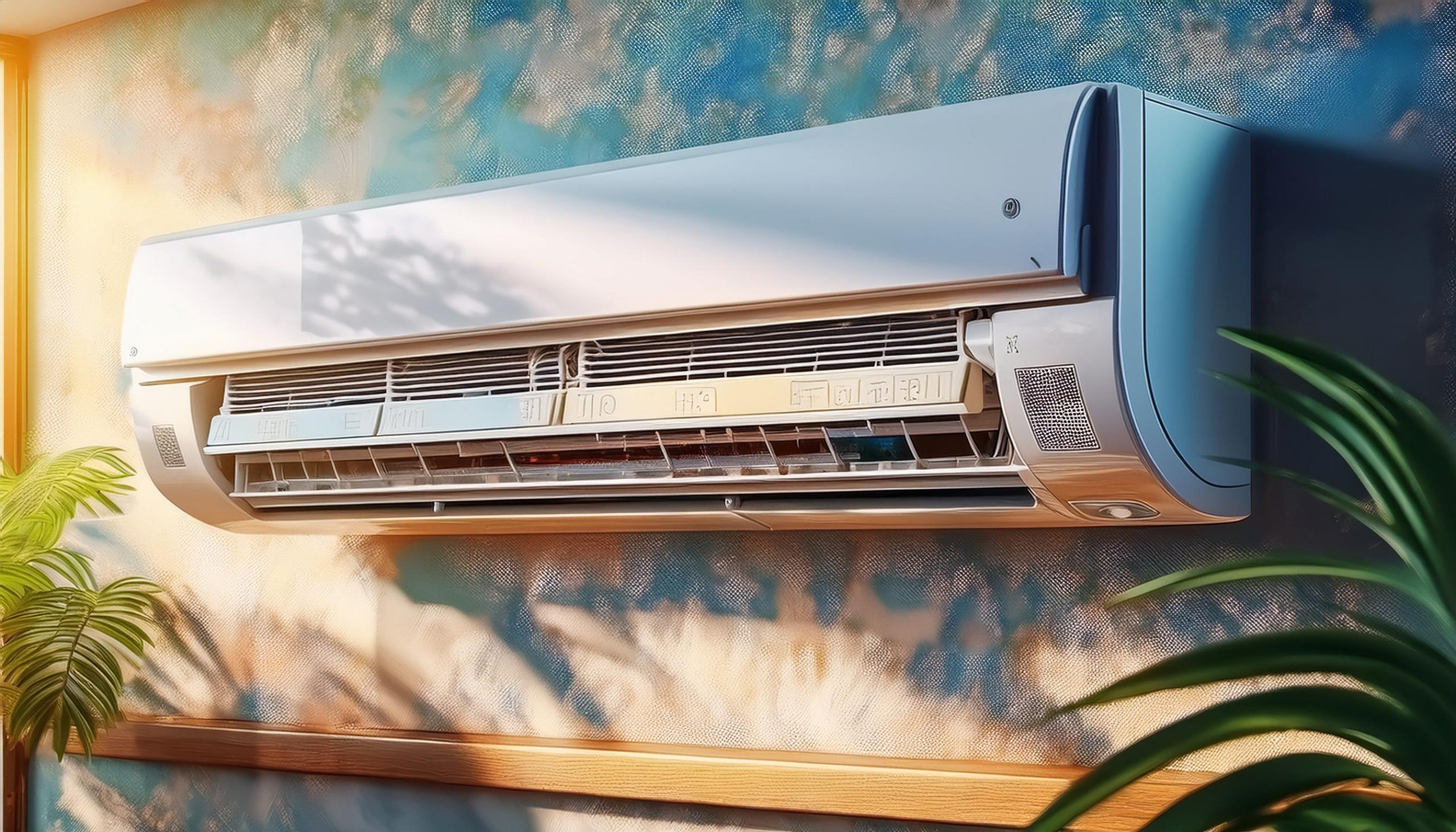 Wall-mounted split air conditioner indoor unit on a wall with a green plant in the foreground