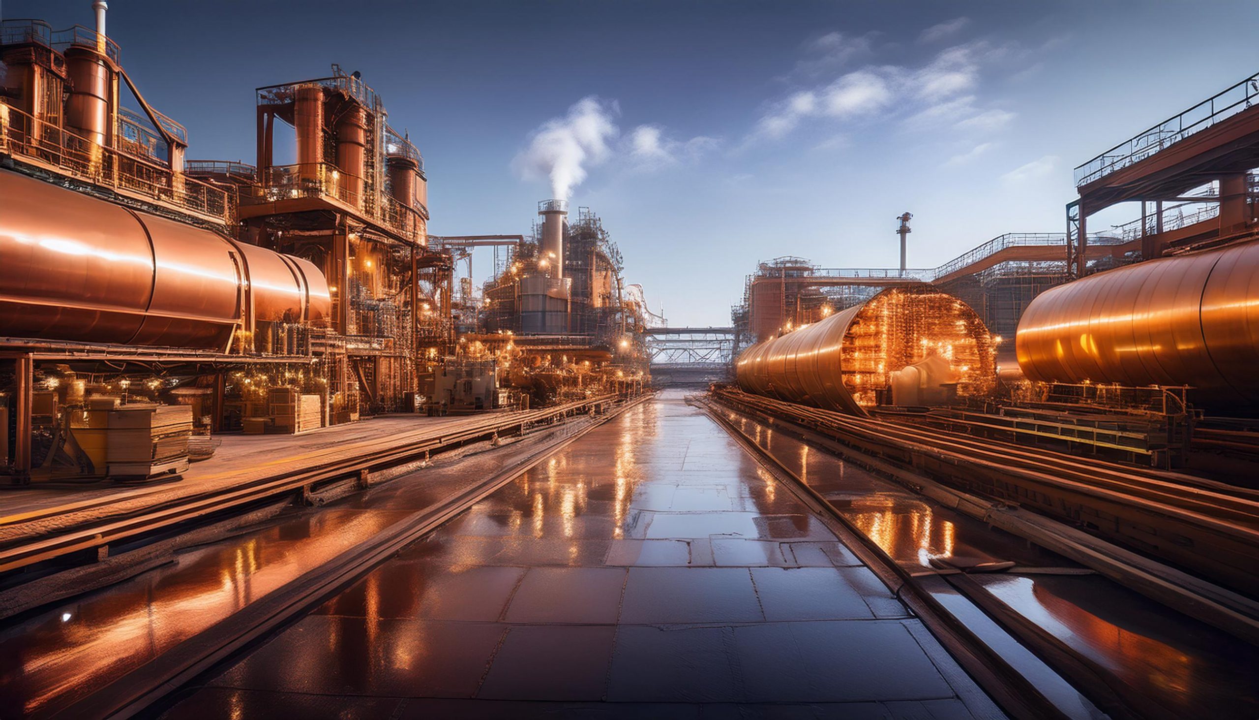Industrial metal refinery at dusk with copper-toned tanks, pipes and chimneys reflected on wet ground