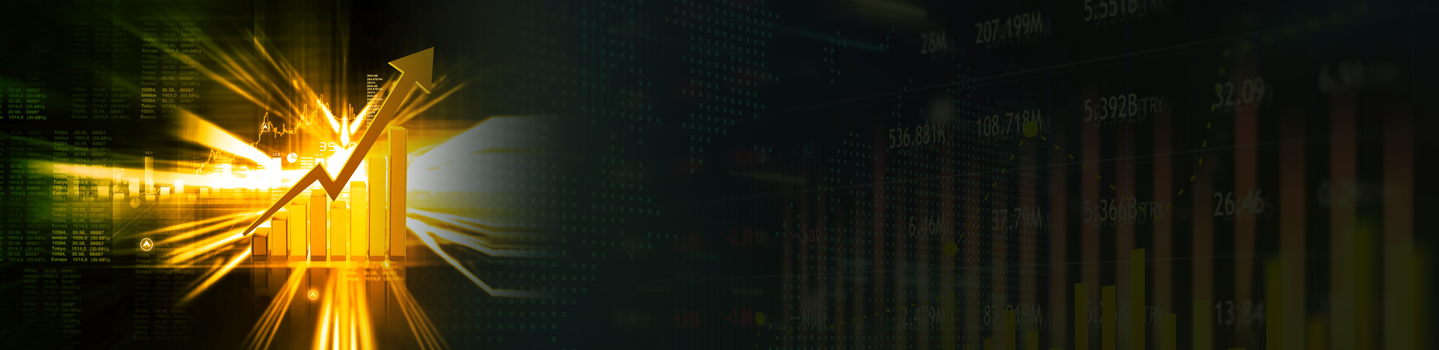 Glowing golden upward arrow rising over bar charts on a dark stock-market data background