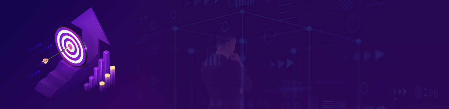 Purple illustration of an arrow hitting a dartboard bullseye beside rising bars with coins and a thinking businessman