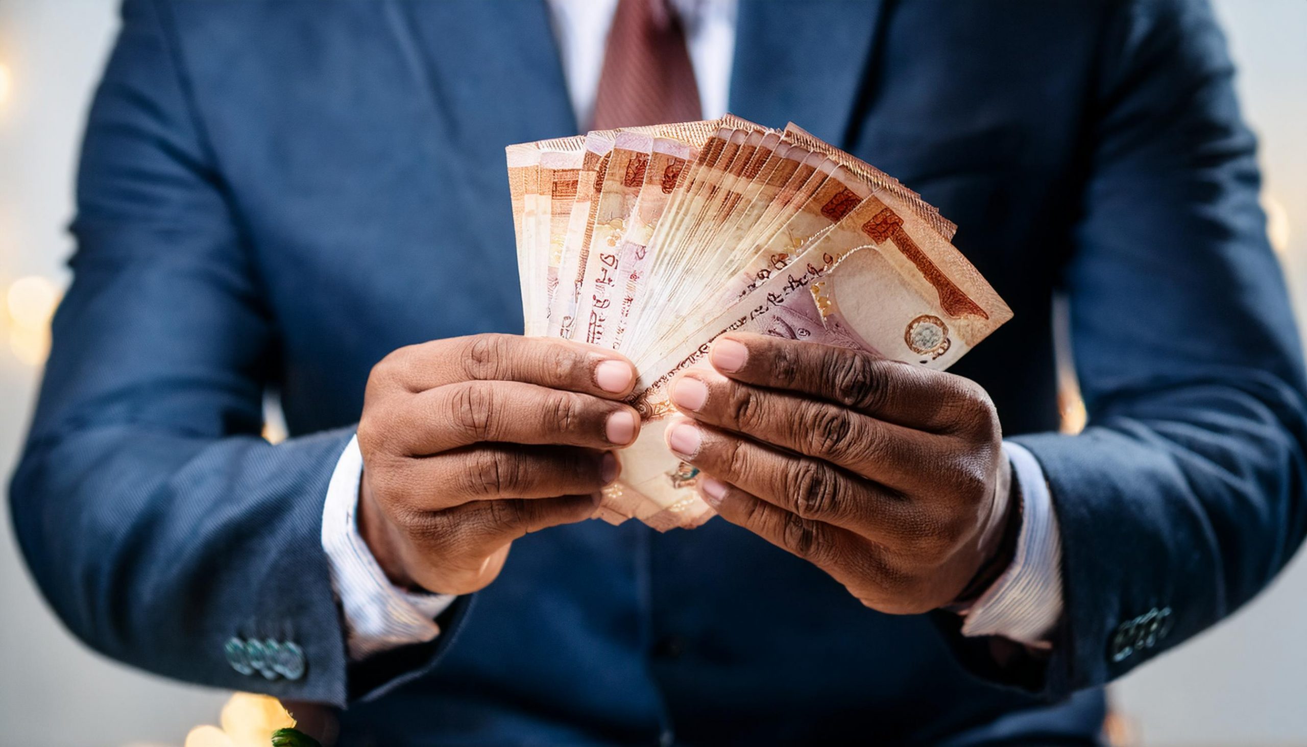 Man in a navy suit counting a fan of Indian rupee banknotes in his hands