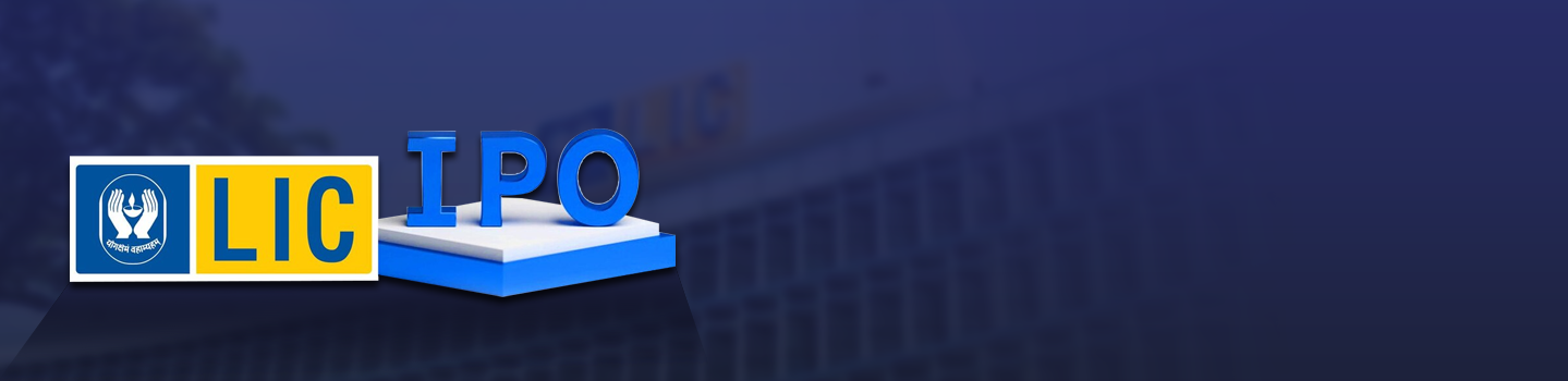 LIC logo beside blue 3D 'IPO' lettering on a pedestal, with an LIC office building blurred behind