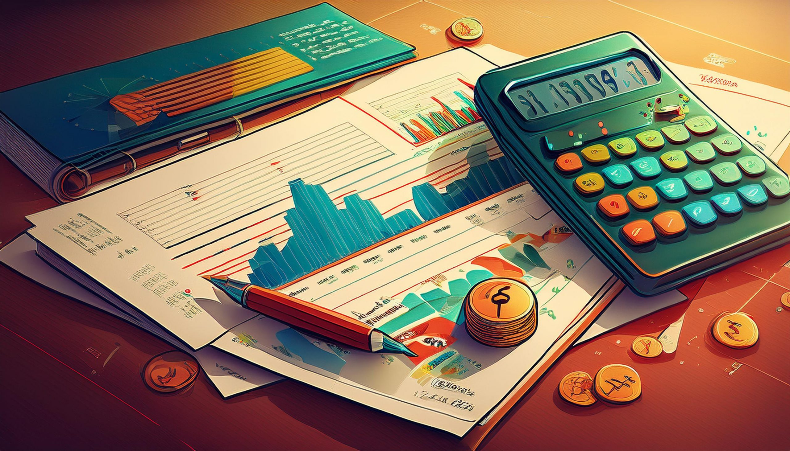 Illustrated desk with financial charts, reports, a calculator, a pen and stacks of gold coins