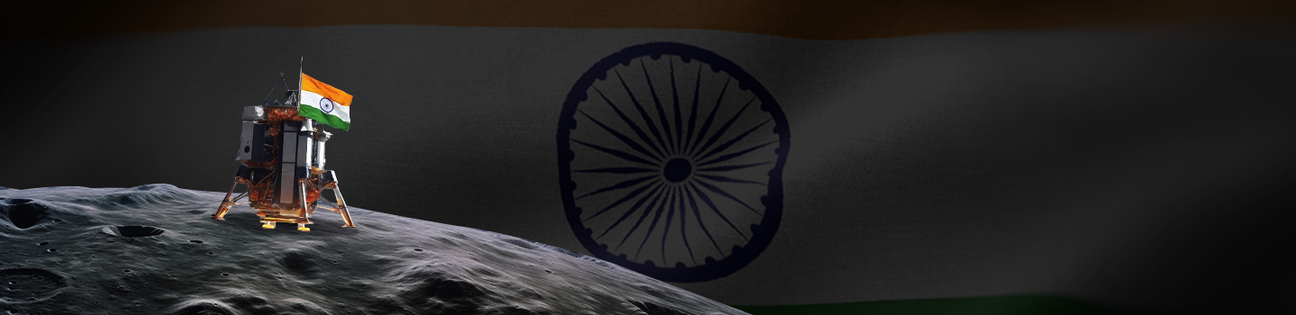 Lunar lander with the Indian tricolour flag on the Moon's surface against a large India flag backdrop