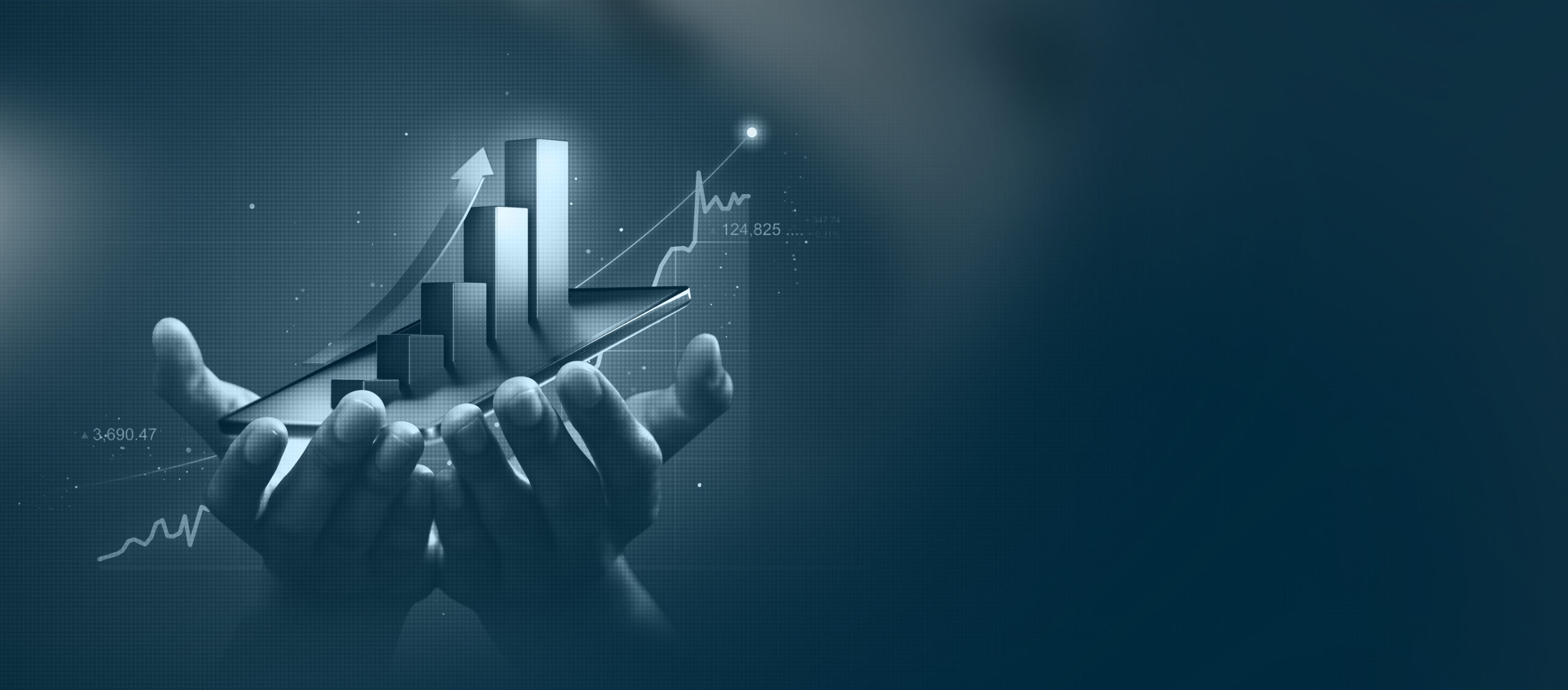 Cupped hands holding a device with a rising 3D bar chart, upward arrow and financial graphs overlaid