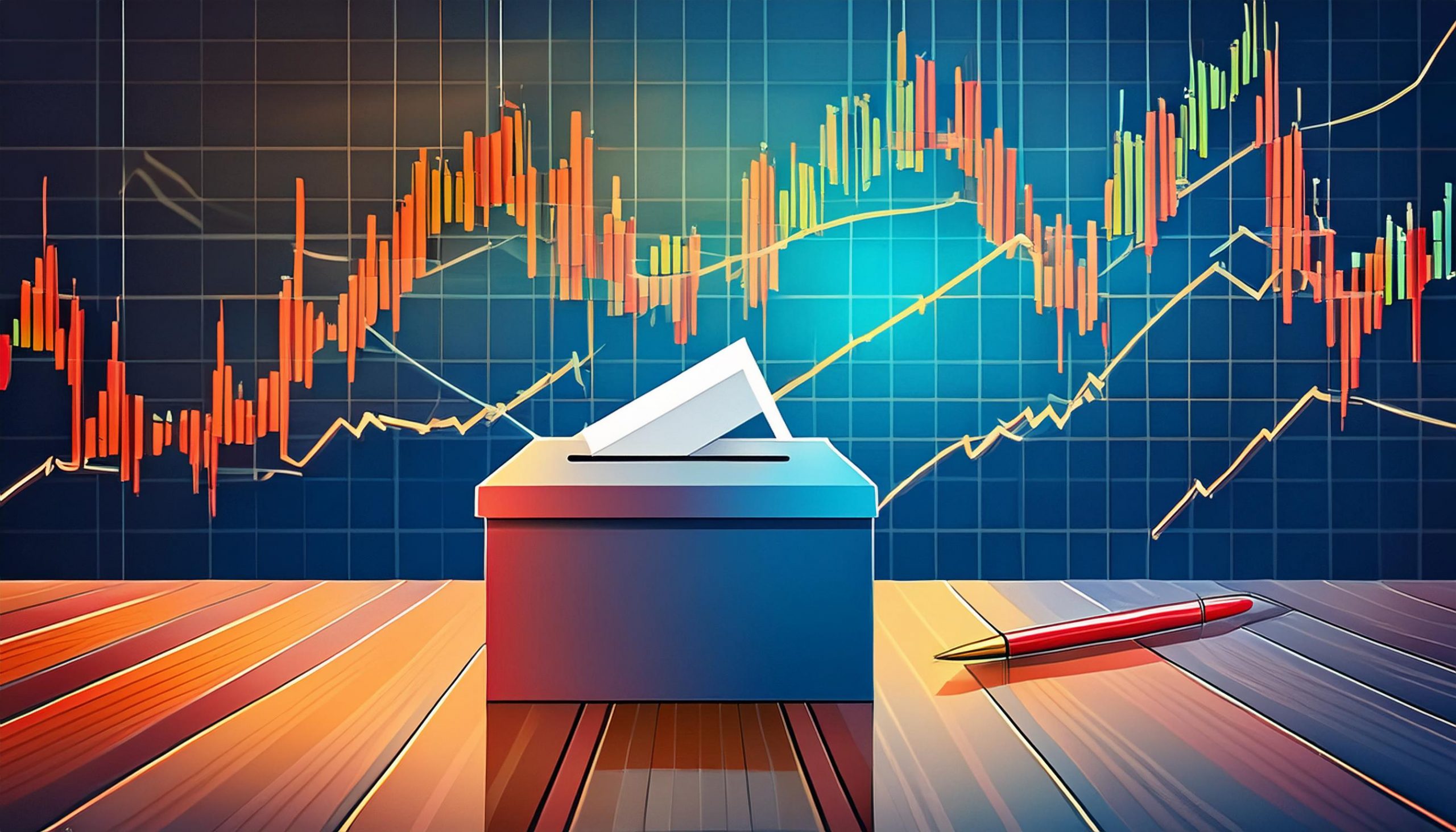 Illustration of a ballot box with a voting slip and pen before a rising candlestick stock chart