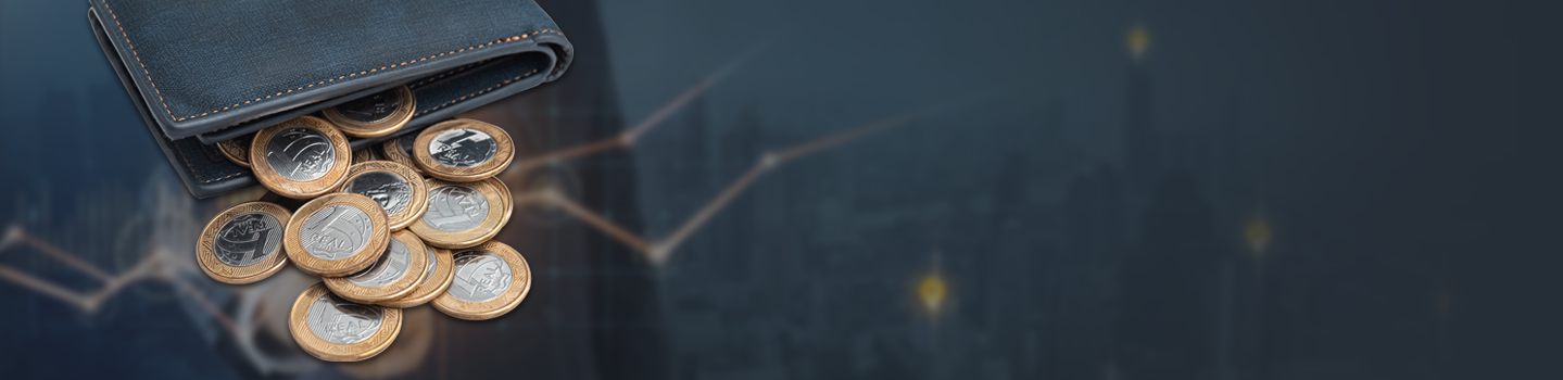 Coins spilling out of a leather wallet against a dark city skyline with a faint line graph