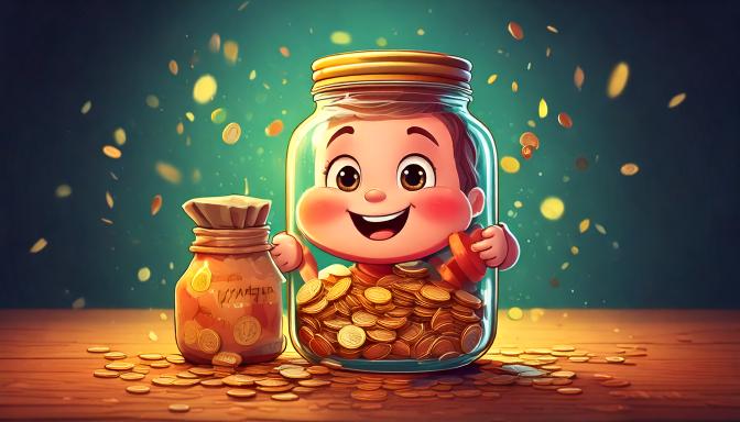 Cartoon of a smiling child with a glass jar and sack full of gold coins on a table