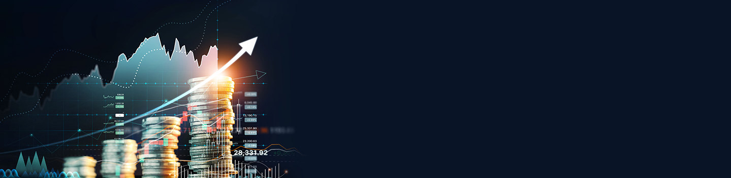 Rising stacks of coins with a glowing upward arrow and financial charts on a dark background