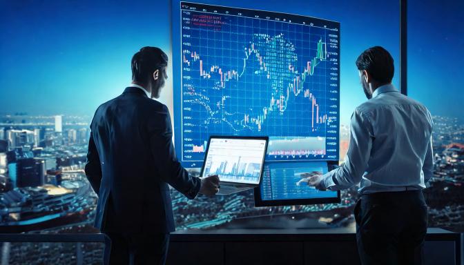 Two businessmen studying a large screen of stock candlestick charts with a laptop, city skyline behind them