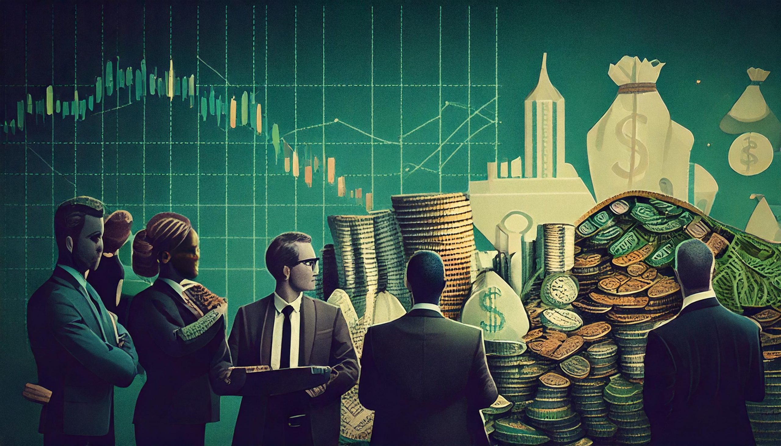 Illustration of suited businesspeople viewing a stock candlestick chart beside stacks of coins and money bags