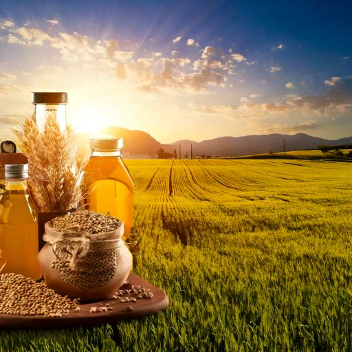 Jars of oil, a sack of grain and wheat stalks on a tray before a sunlit golden wheat field at sunset