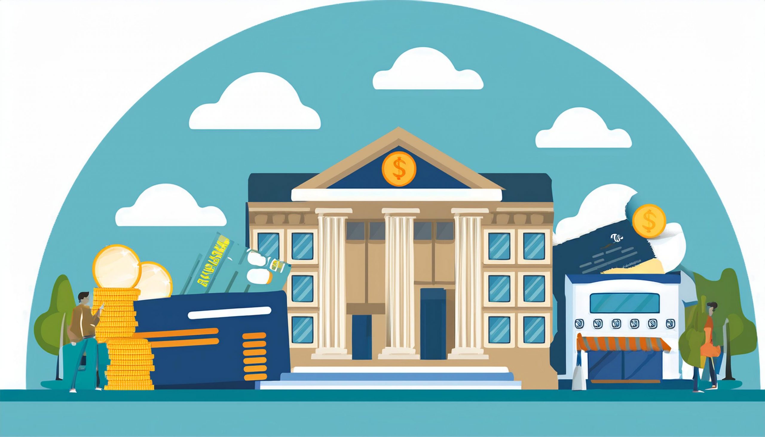 Flat illustration of a columned bank with a dollar coin, flanked by gold coin stacks, a bank card, cash and a small shop