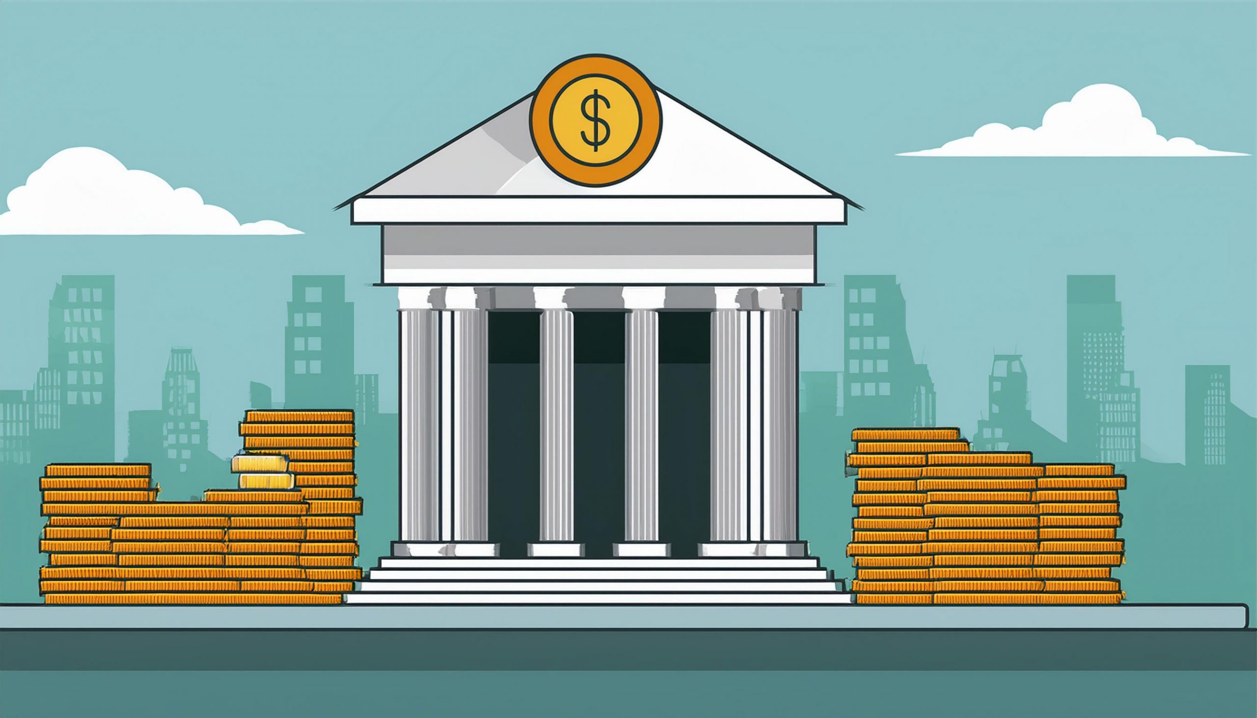 Flat illustration of a columned bank with a dollar coin on top, flanked by tall stacks of gold coins over a city skyline
