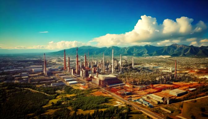 Aerial view of a large industrial power plant with tall chimneys, set against green mountains and blue sky