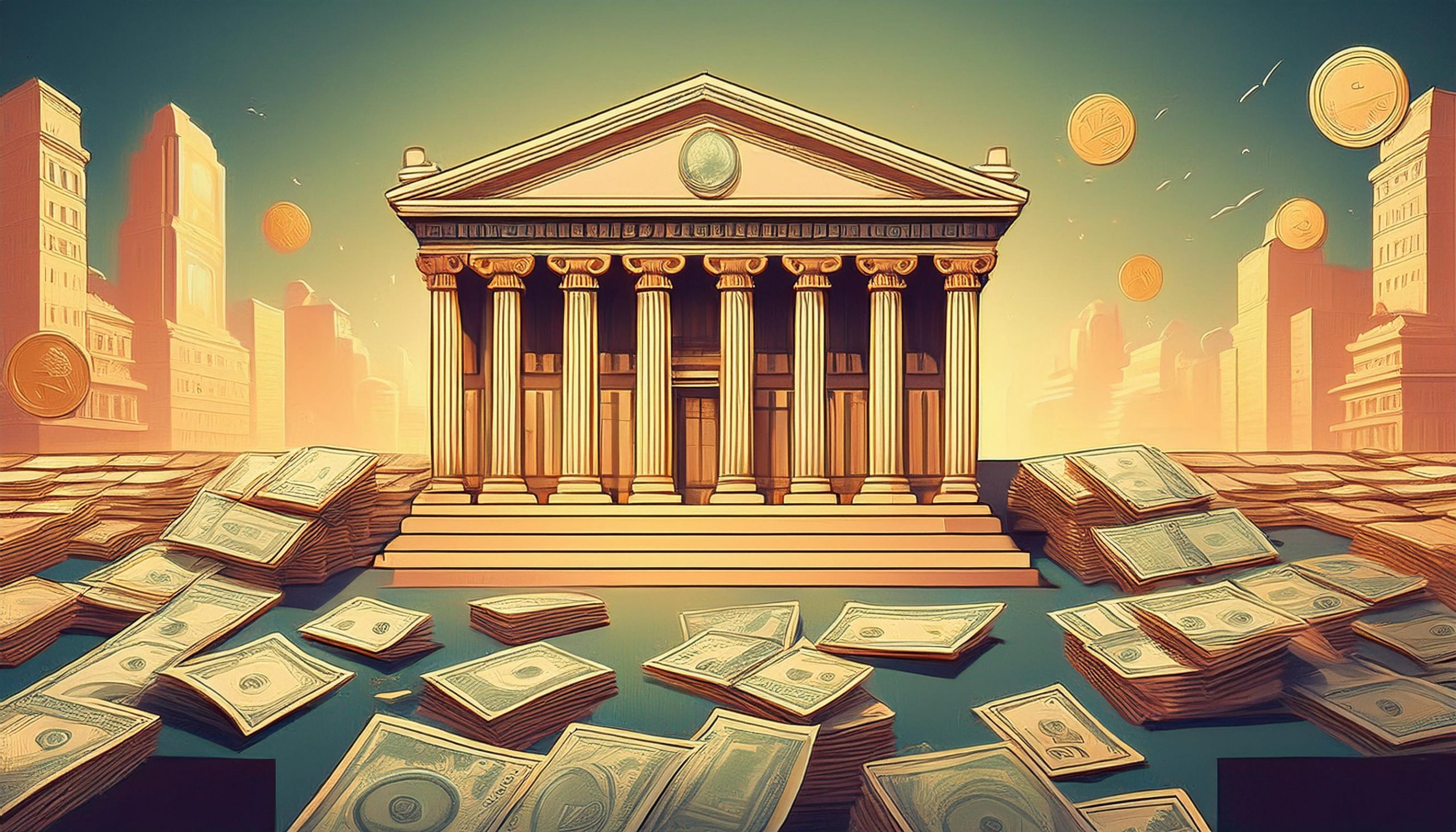 Stylised illustration of a columned bank building surrounded by scattered stacks of banknotes and floating gold coins