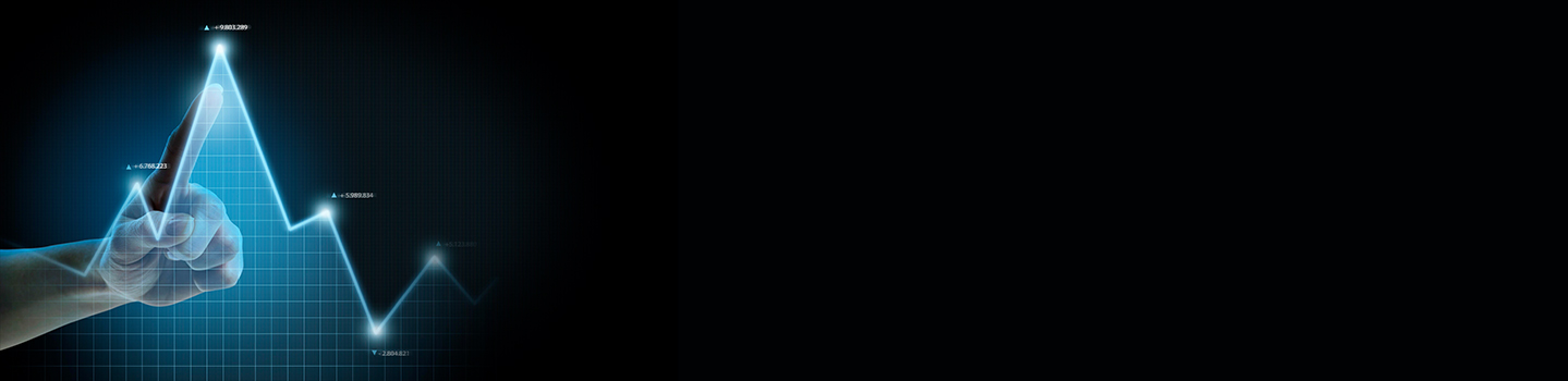 A hand touches a glowing blue line graph zig-zagging with peaks and troughs on a dark background