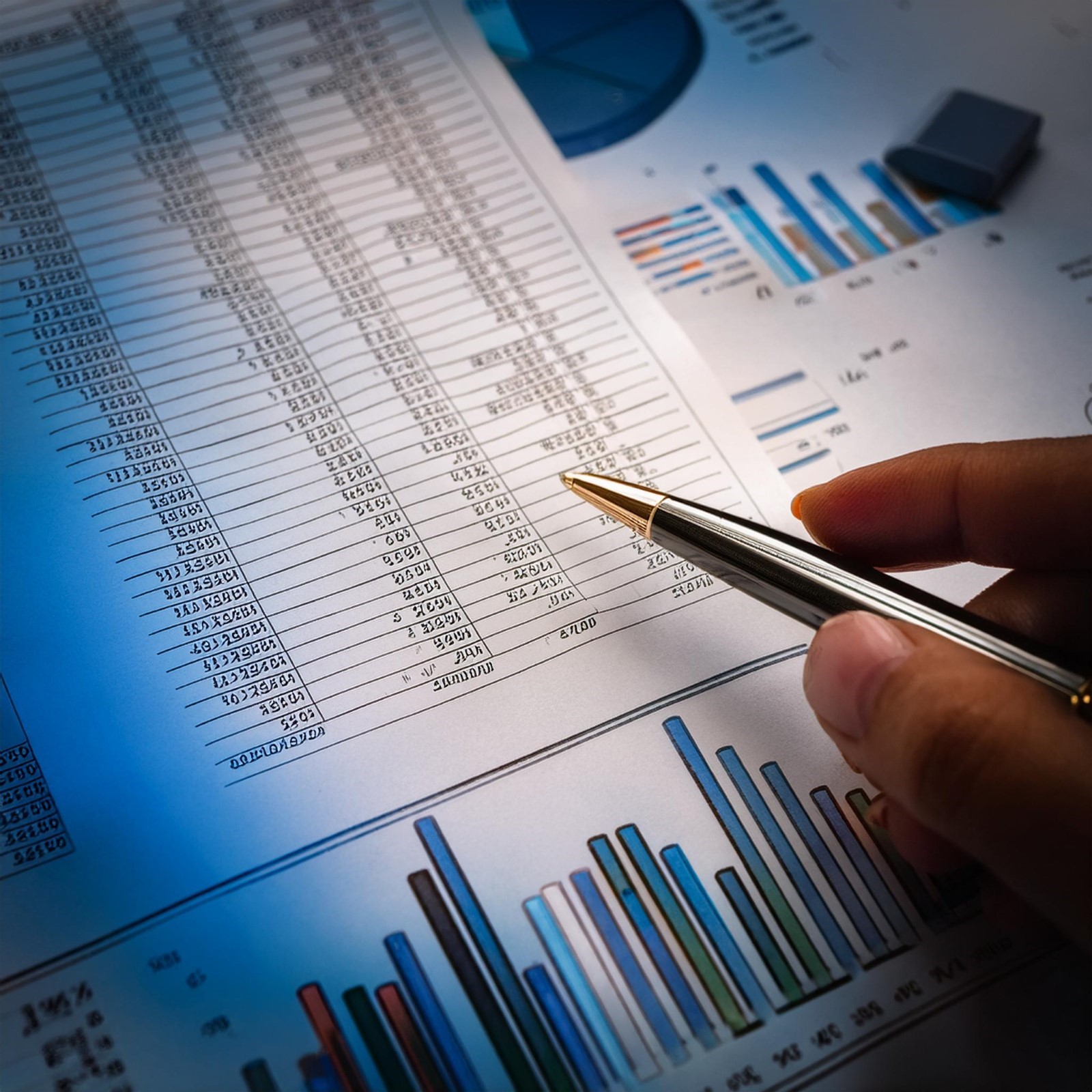 A hand holds a pen pointing at a printed financial spreadsheet filled with numbers, bar charts and a pie chart