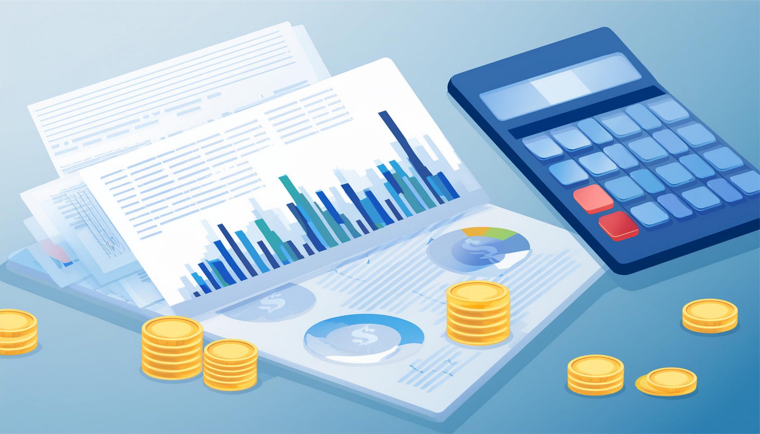 Isometric illustration of financial reports with charts, a calculator and stacks of gold coins