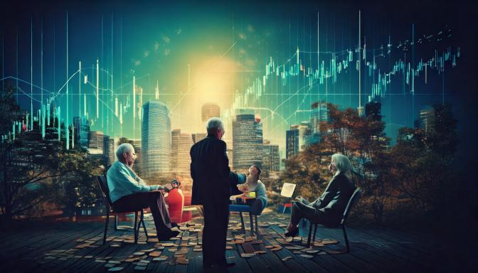 Elderly people seated outdoors with a man standing among them, before a city skyline and rising stock charts