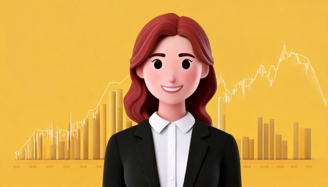 3D cartoon businesswoman smiling in a suit against a yellow background with rising bar and line charts