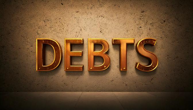 The word DEBTS in glowing golden 3D letters on a textured brown wall