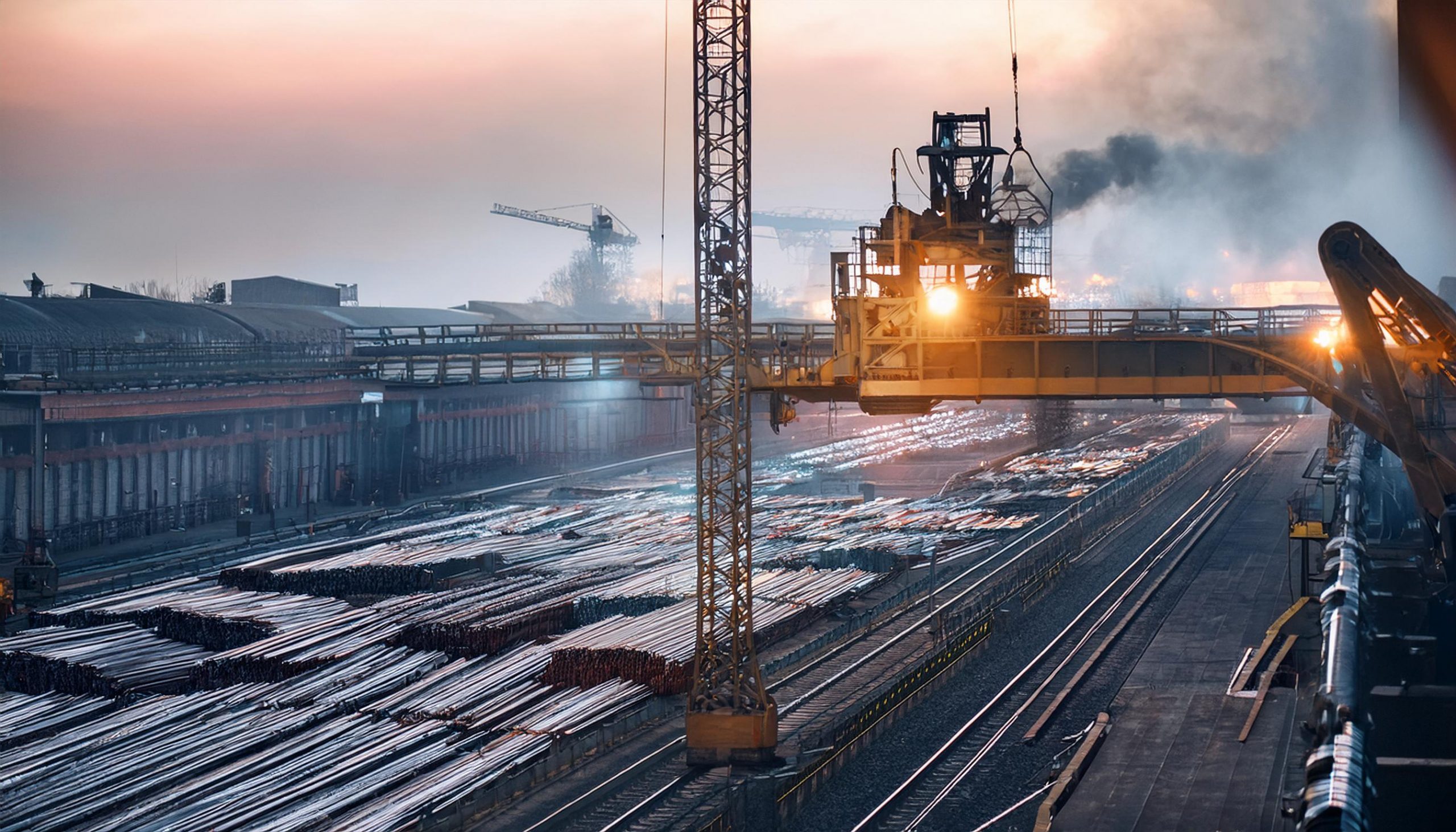 Steel plant at dusk with a crane over stacks of steel bars, railway tracks and rising smoke