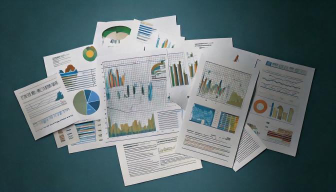 Printed financial research reports covered with pie charts, bar graphs and line charts spread on a dark surface