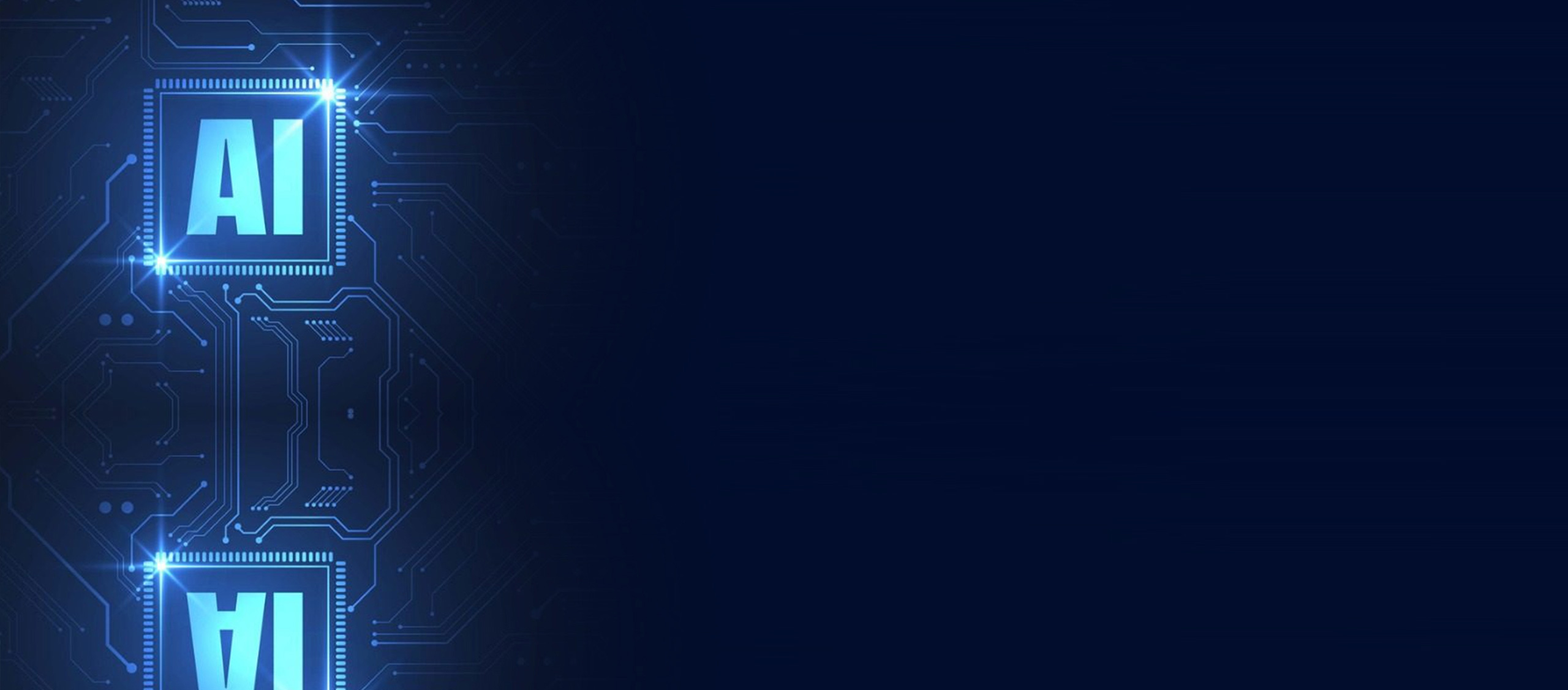 Glowing blue AI microchip connected to circuit board traces on a dark blue background