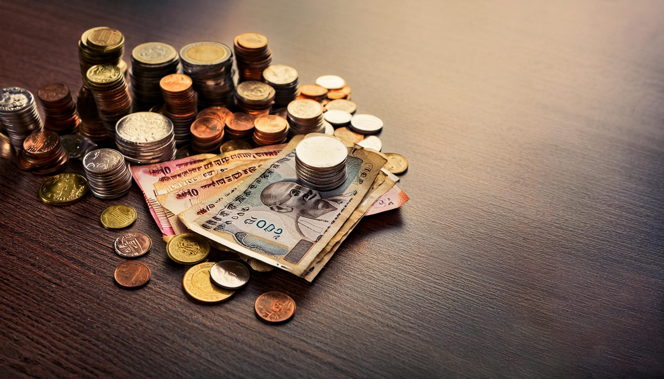 Stacks of coins and Indian rupee banknotes, including a Gandhi note, on a dark wooden table