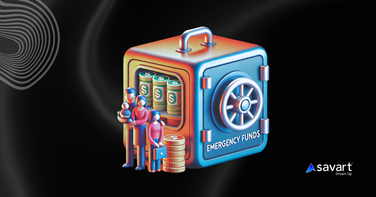 3D illustration of a family beside a vault labeled Emergency Funds filled with cash bundles and gold coins