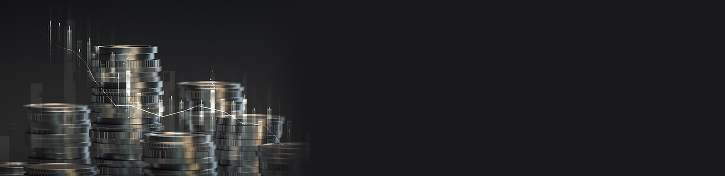 Stacks of silver coins with a faint white stock chart line on a dark background