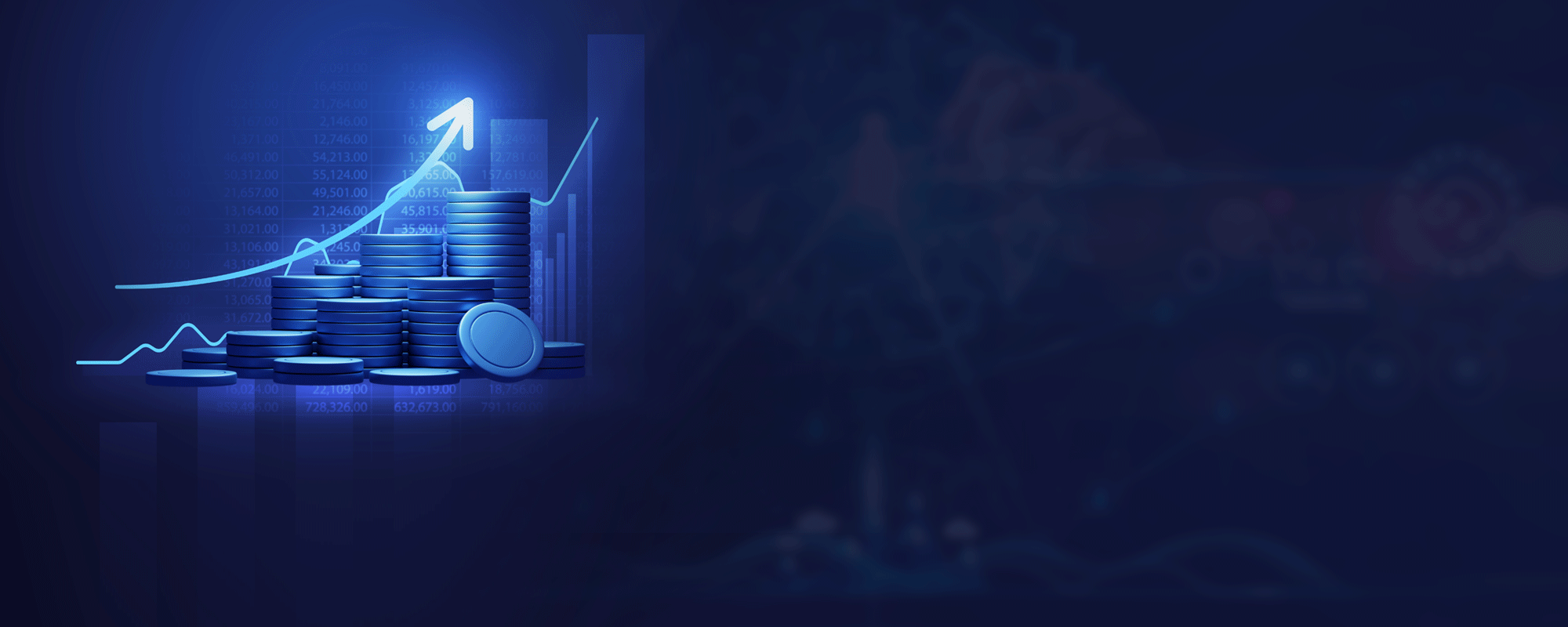 3D stacks of blue coins with a rising arrow and line graph over faint financial figures