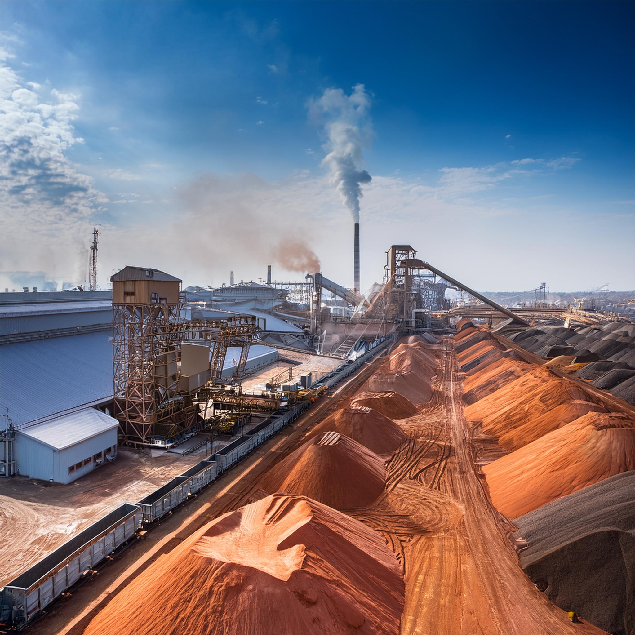 Aerial view of a large industrial plant with ore stockpiles, conveyors, storage sheds and a smoking chimney