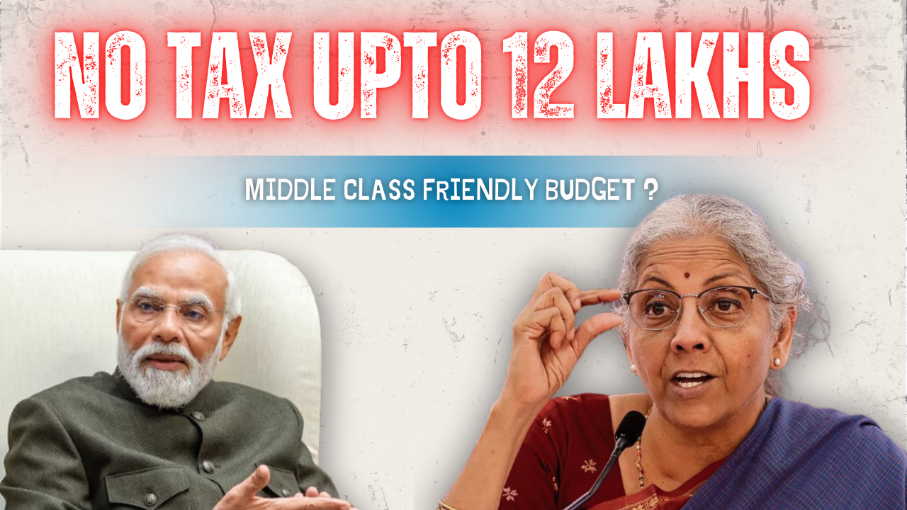 Budget thumbnail reading 'No tax upto 12 lakhs' with photos of PM Modi and Finance Minister Nirmala Sitharaman