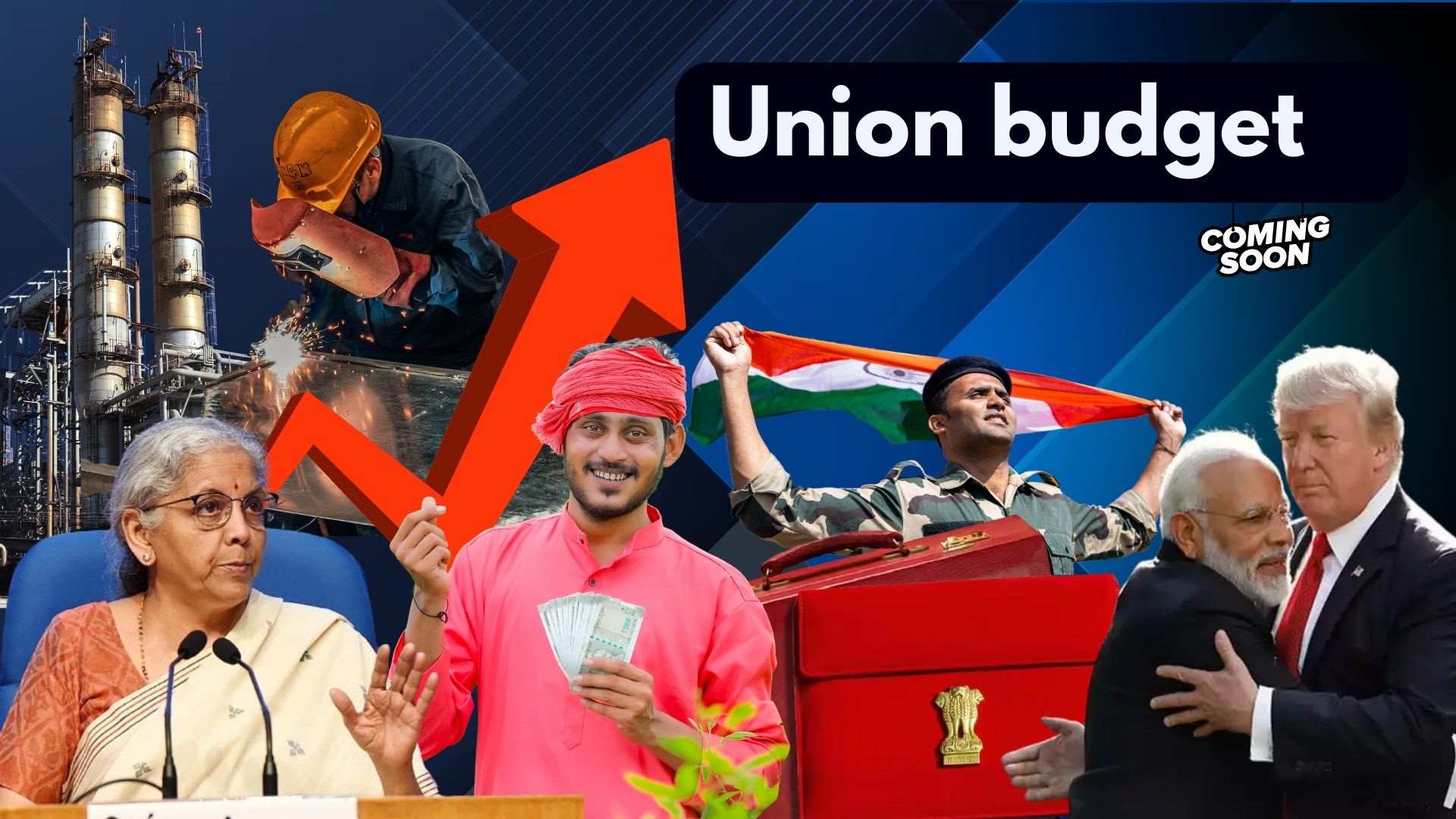 Union budget thumbnail with the Finance Minister, a refinery, welder, farmer holding cash and a red budget briefcase