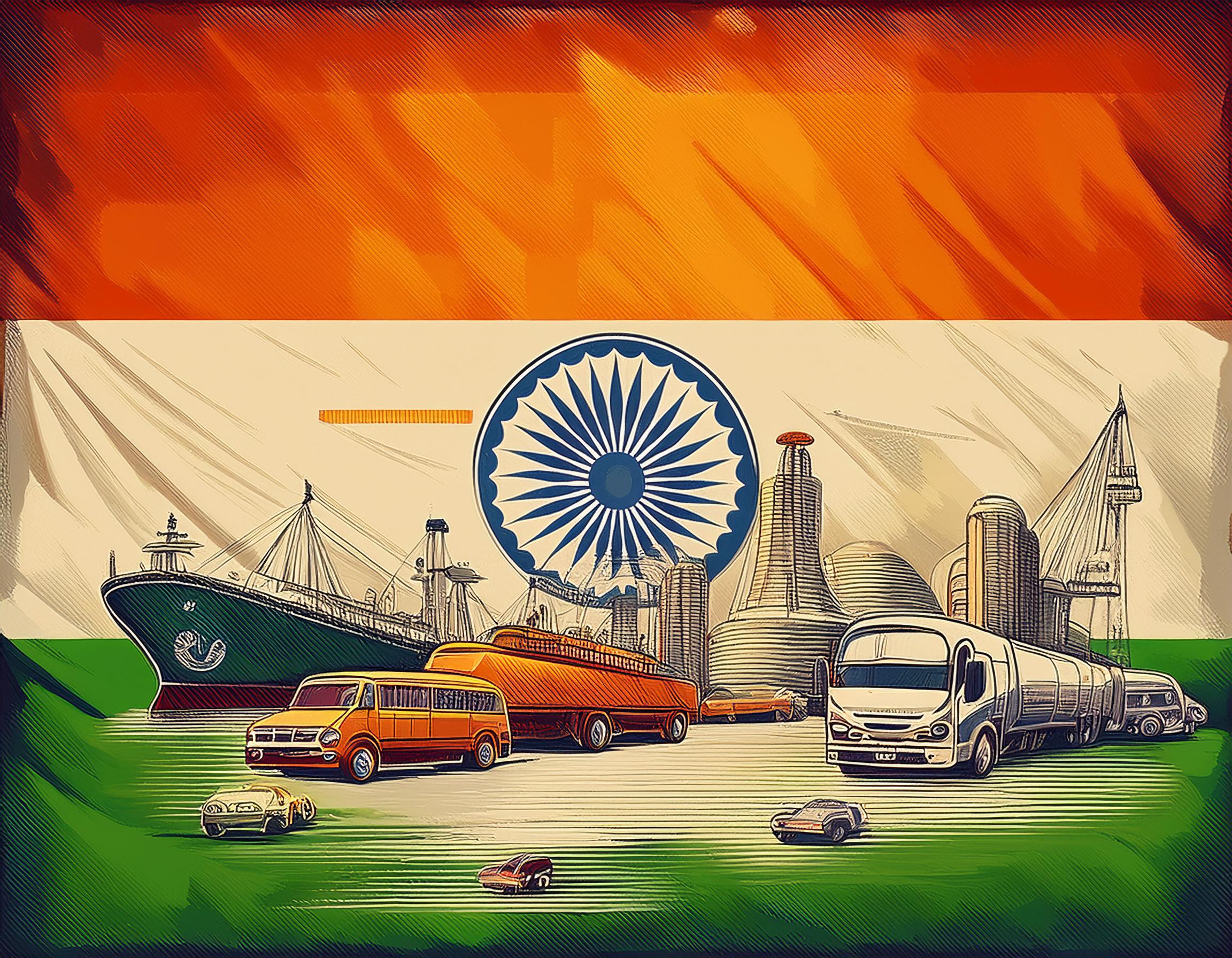 Illustration of the Indian flag behind a cargo ship, buses, trucks, cars and factories symbolising the economy