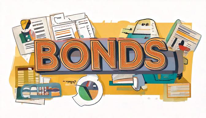 Stylised illustration of the word BONDS in bold orange letters surrounded by financial documents and charts