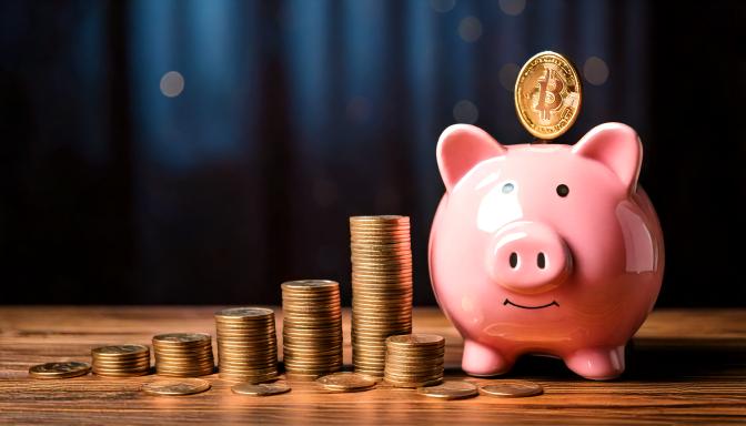 A pink piggy bank beside rising stacks of gold coins with a coin dropping into its slot