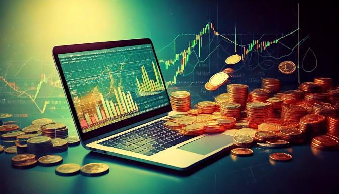 A laptop displaying stock charts surrounded by stacks of gold coins, with trading graphs in the background