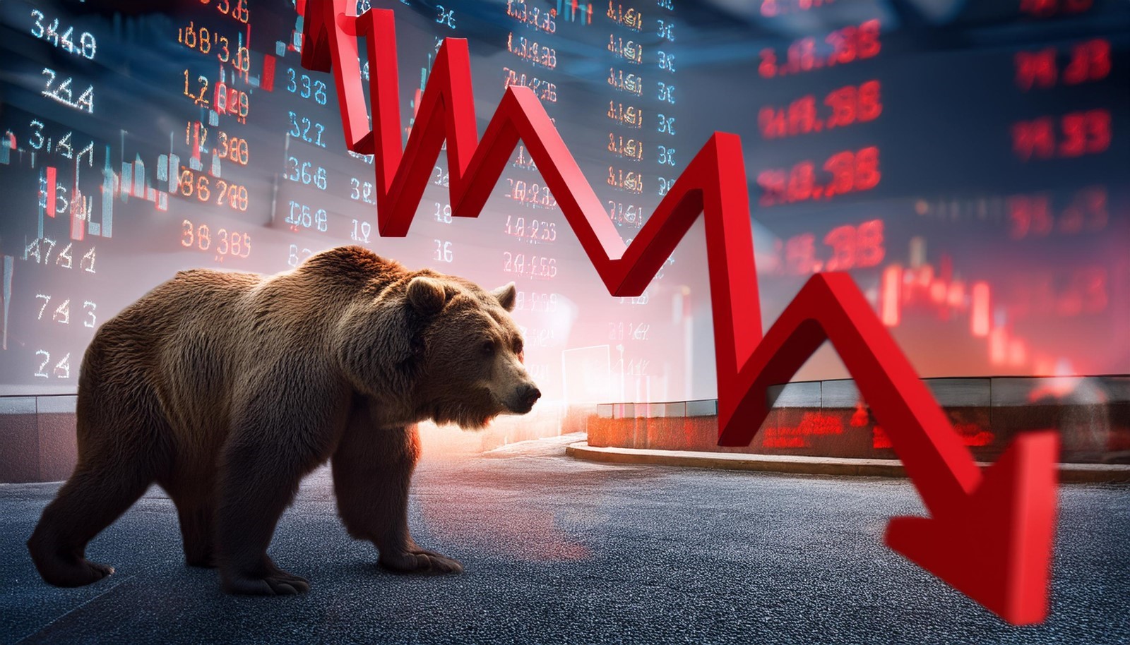 A brown bear walks in front of a stock ticker board as a red arrow trends sharply downward, signalling a falling market