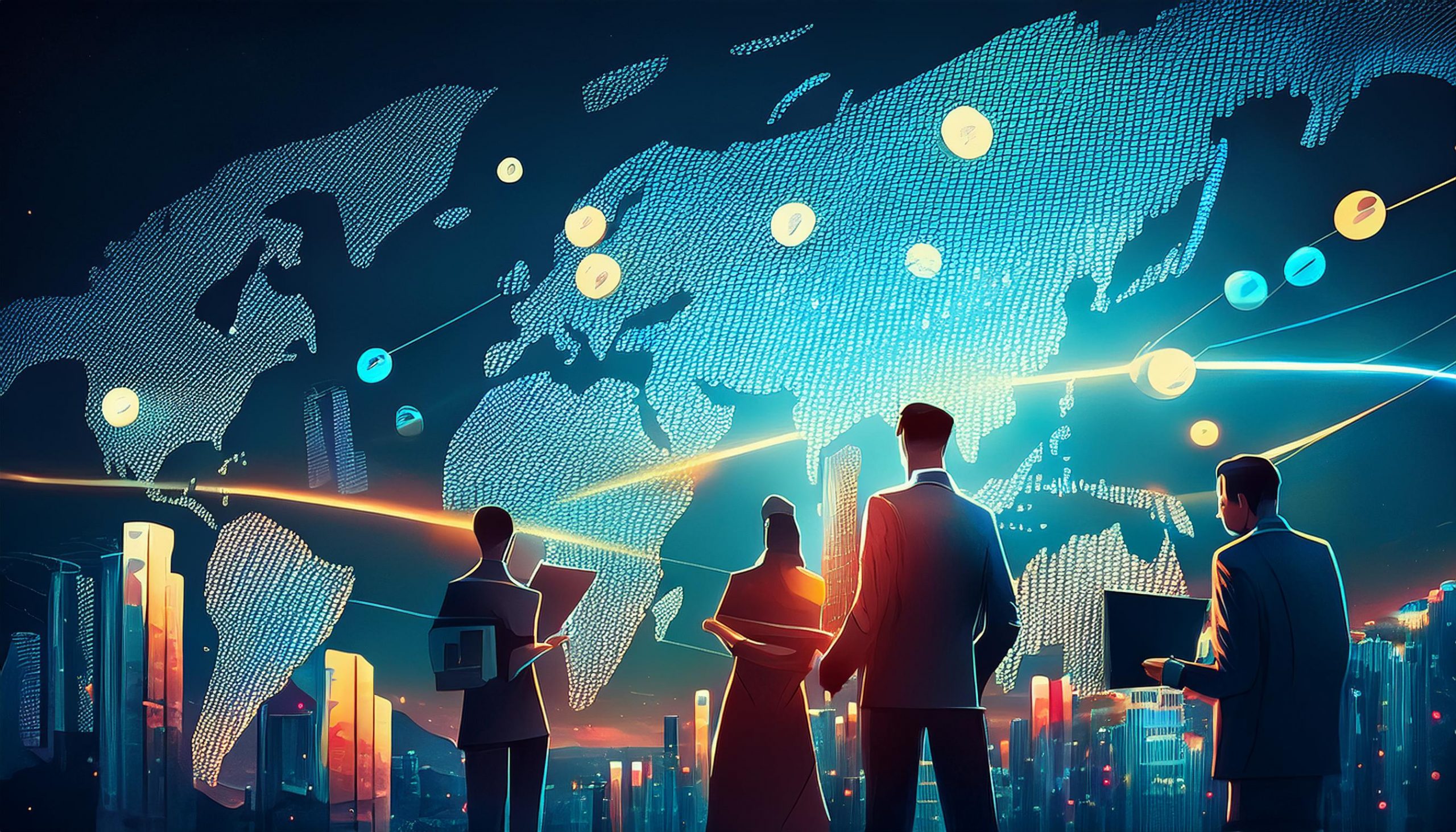 Illustration of business people viewing a glowing digital world map with network links and currency icons over a city