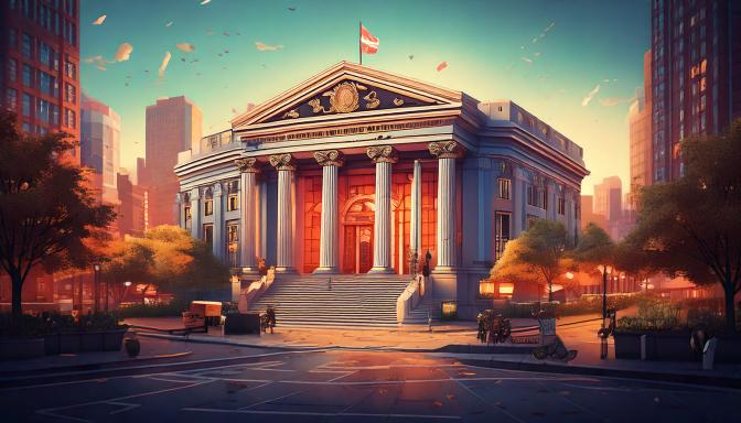 Illustration of a grand neoclassical bank building with columns in a city square at golden hour.