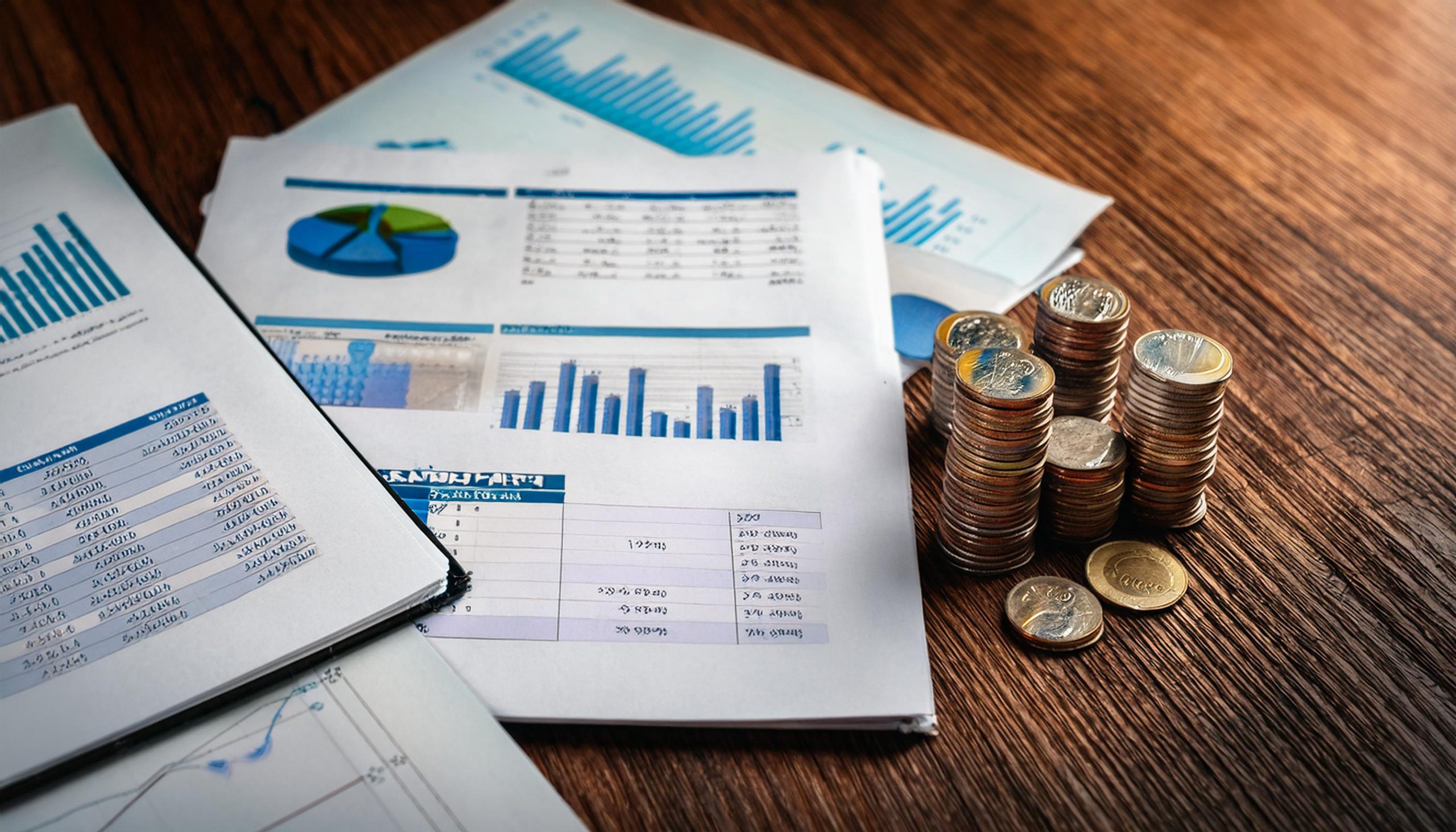 Printed financial reports with bar and pie charts beside stacks of coins on a wooden desk.