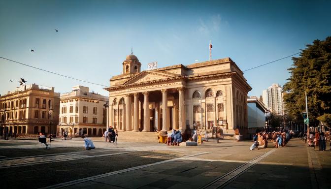 A grand columned building in a sunlit city plaza with people walking nearby.