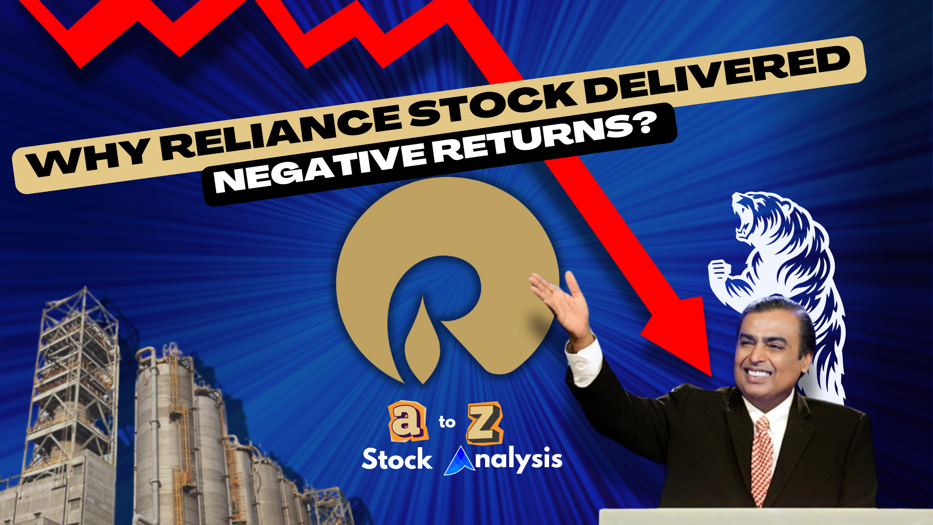 Thumbnail showing Mukesh Ambani beside the Reliance logo, a bear and a red falling arrow over an oil refinery.