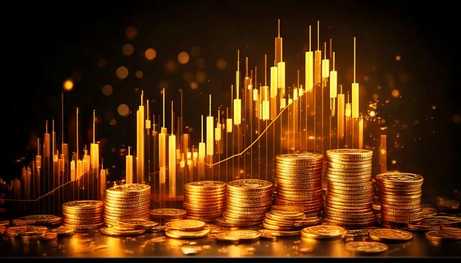 Stacks of gold coins in front of a glowing golden candlestick chart trending upward on a dark background.
