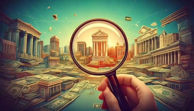 Illustration of a hand holding a magnifying glass over classical buildings and scattered banknotes.